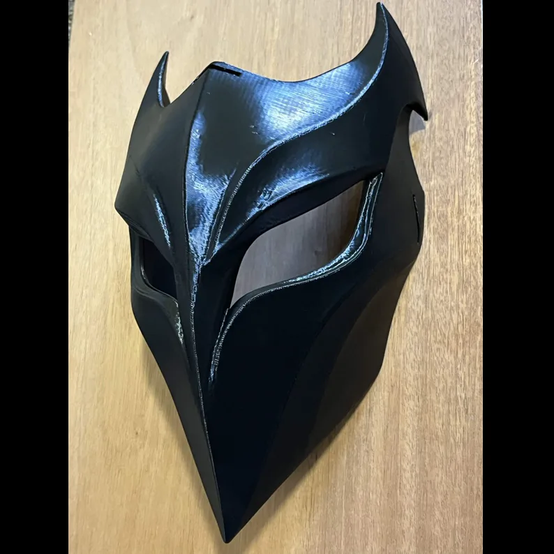 Angled view of the black PETG Dark Knight Mask